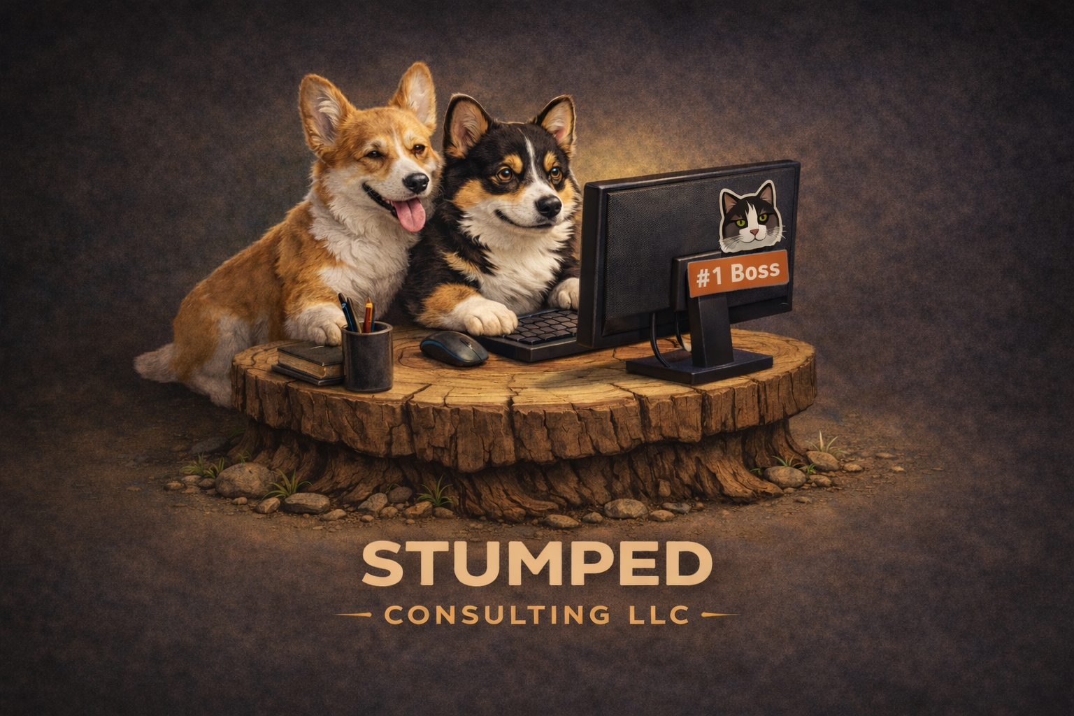 Two corgis at a stump workstation with the Stumped Consulting LLC wordmark.