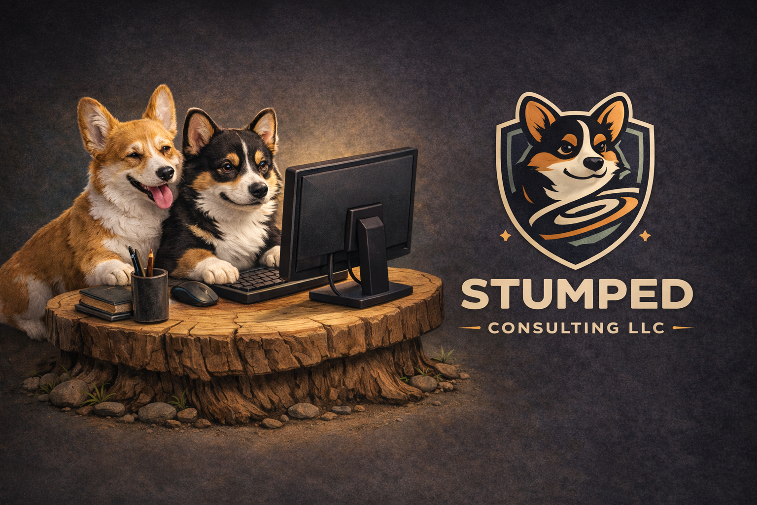 Two corgis at a workstation beside the original Stumped Consulting shield and wordmark.